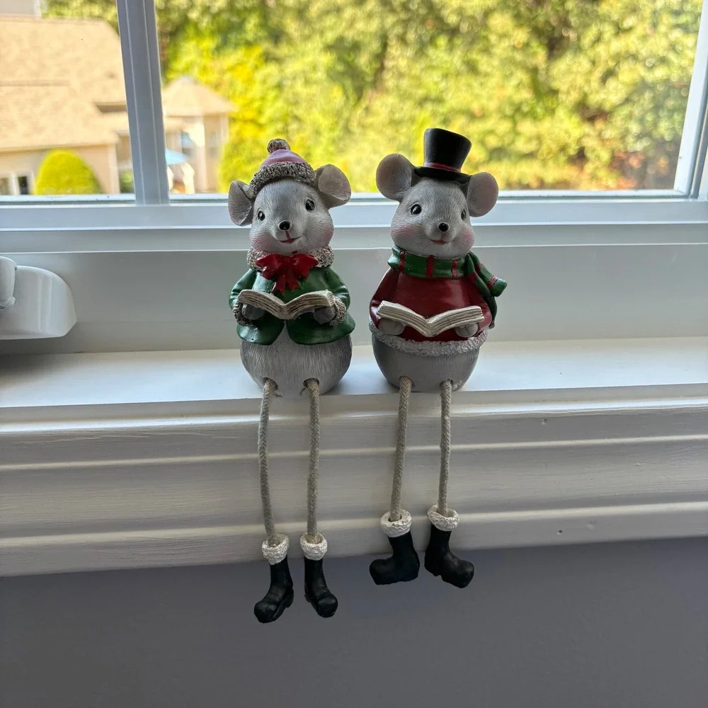 Christmas Caroling Mice Shelf Sitters Resin Holiday Figurines Set of 2 Mouse